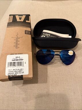 Costa Helo Sunglasses Matte Silver Frame with Blue Lenses